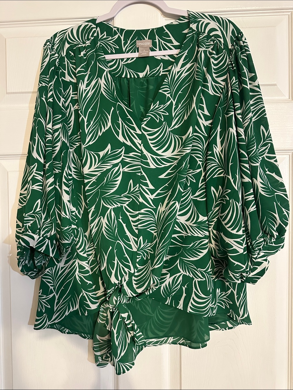 Chico's Emerald Green and White Leaf-Print Tie-Front Blouse